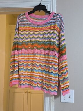 SHEIN Multicolor Crochet Striped Knit Sweater - Pink, Orange, Blue, Green